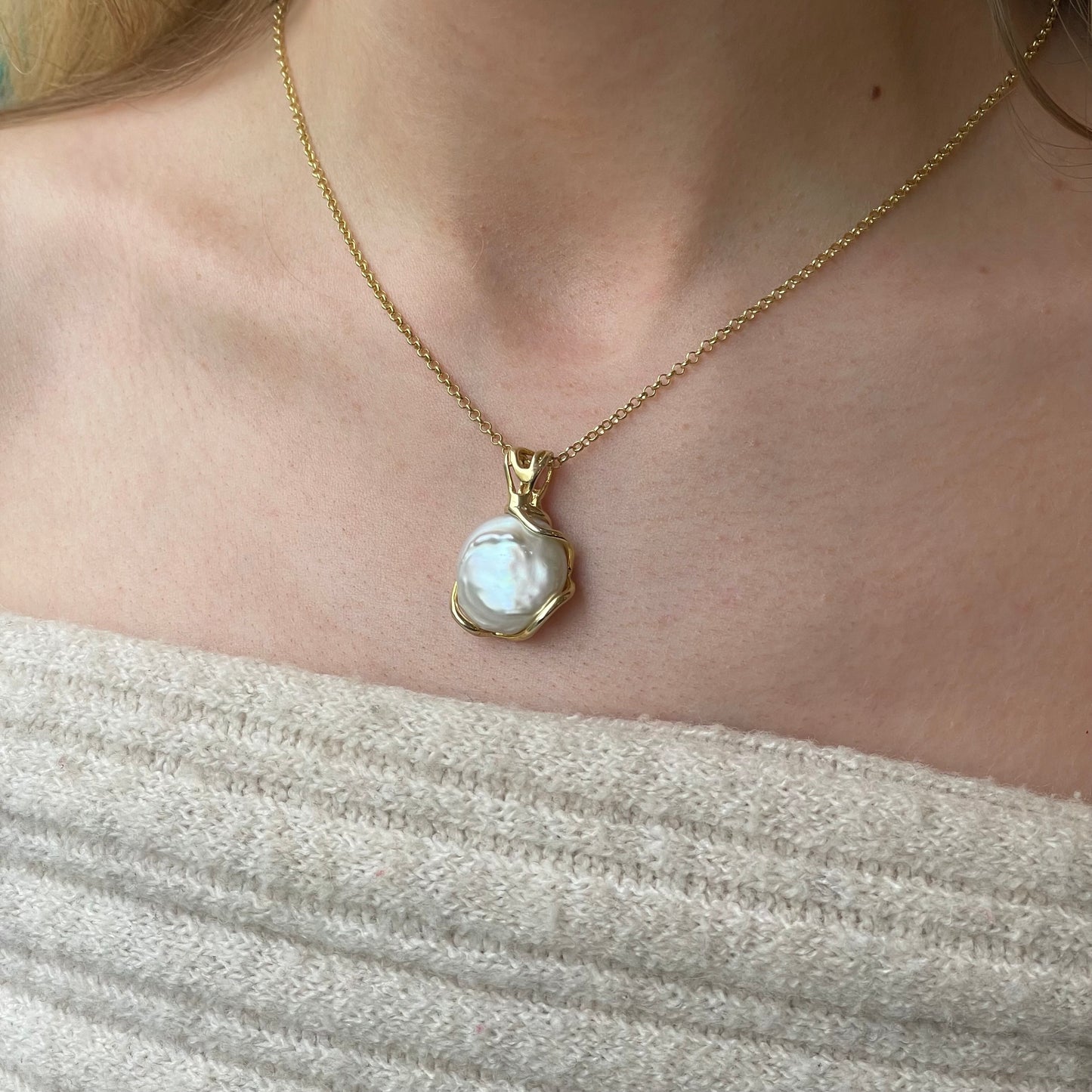 Bruno Sunshine Baroque Pearl Pendant Necklace featuring a large irregular pearl on a delicate chain.