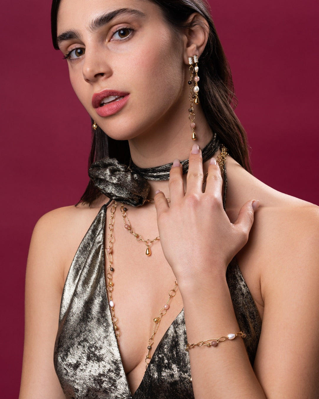 REBECCA Tulip Drop Earrings | Crystal, Freshwater Pearl, Mauve & Gold - John Ross Jewellers