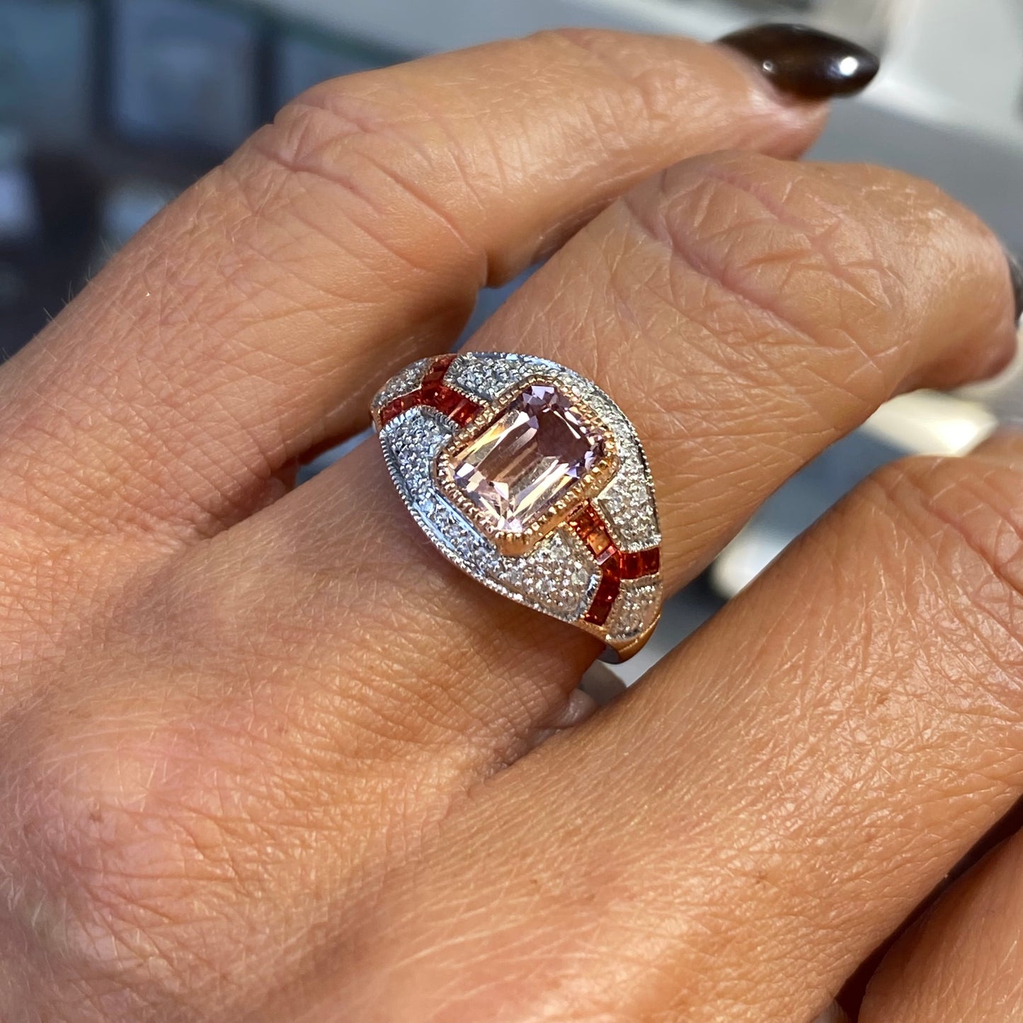 9ct Rose Gold Morganite, Orange Sapphire & Diamond Ring - John Ross Jewellers