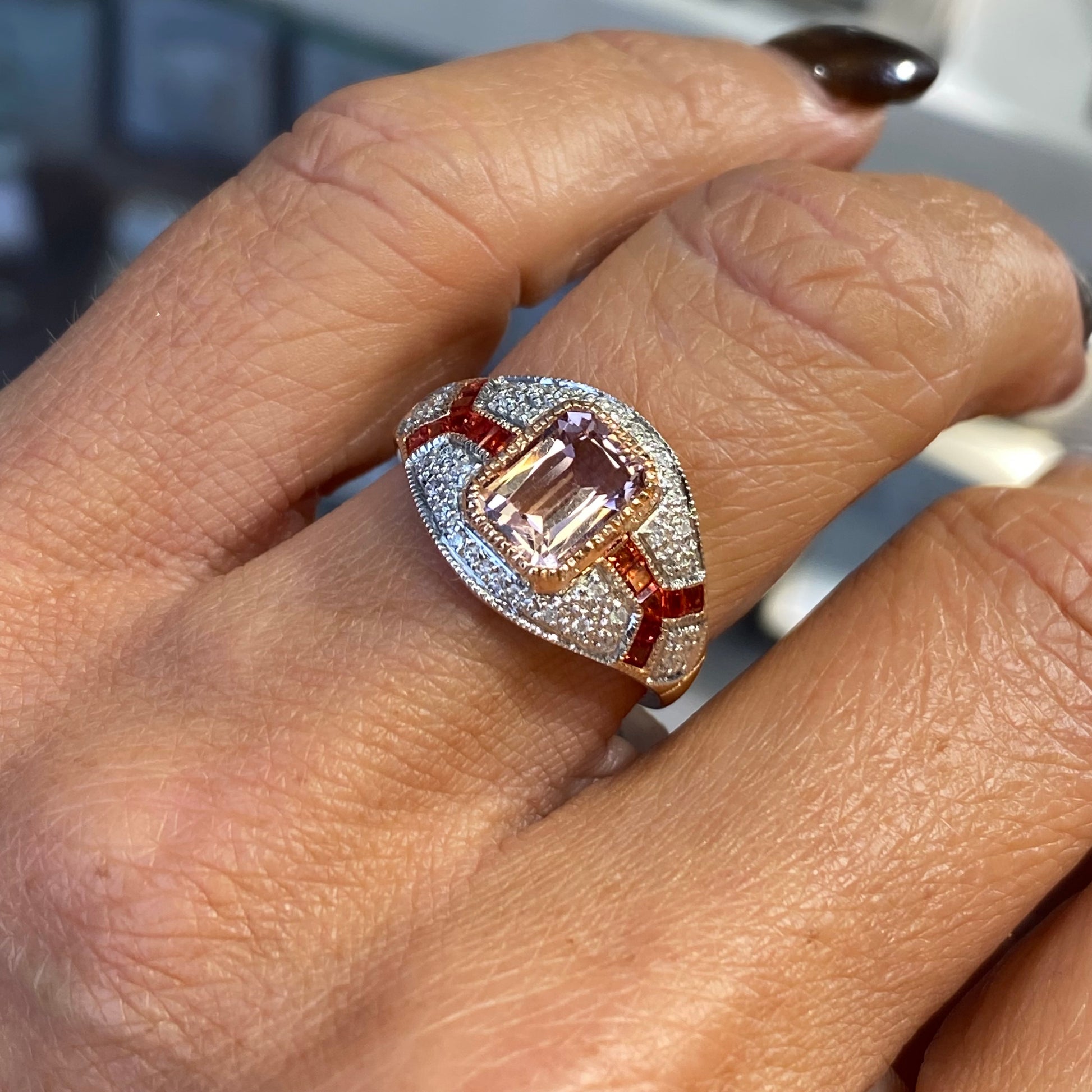 9ct Rose Gold Morganite, Orange Sapphire & Diamond Ring - John Ross Jewellers
