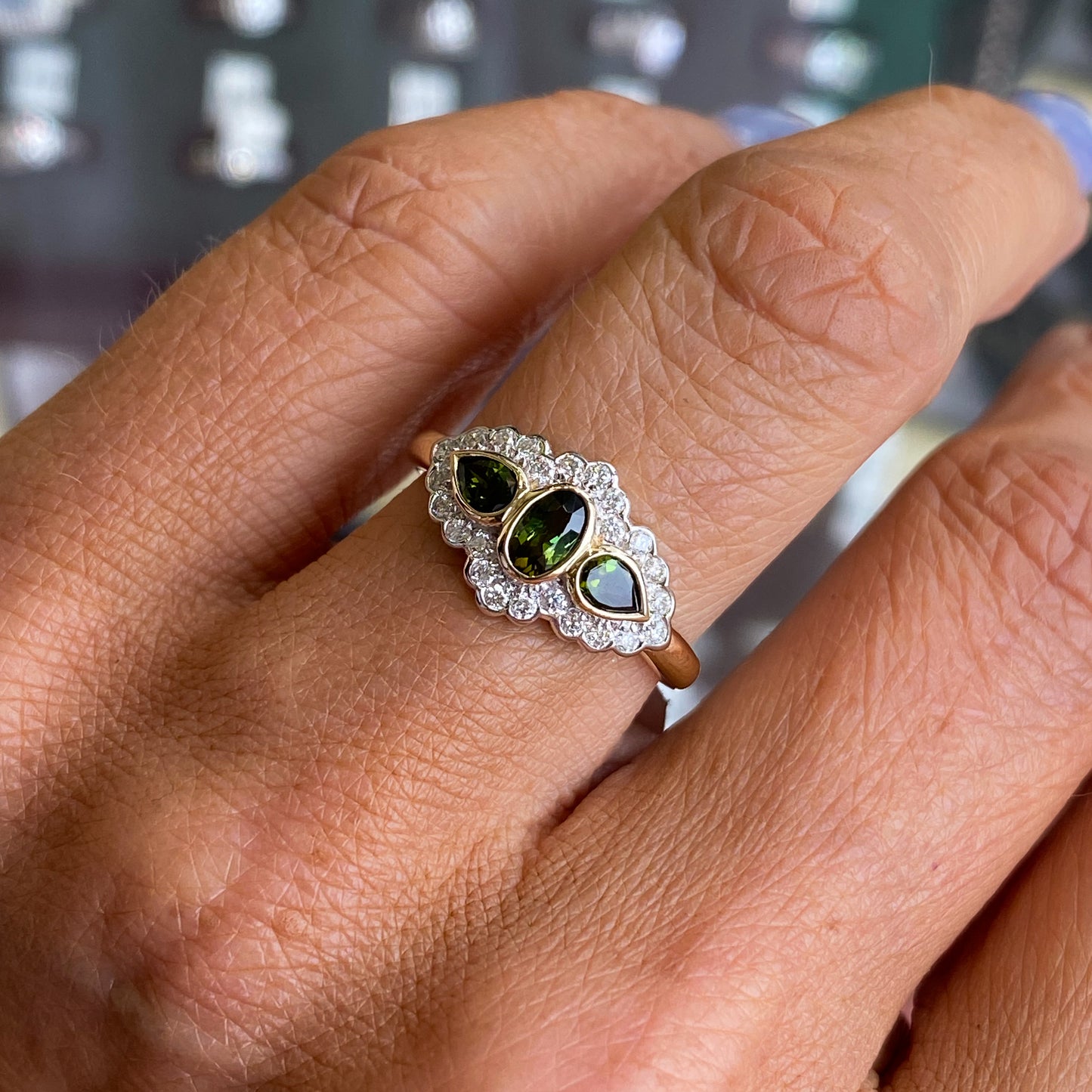 9ct Gold Green Tourmaline & Diamond Trilogy Ring
