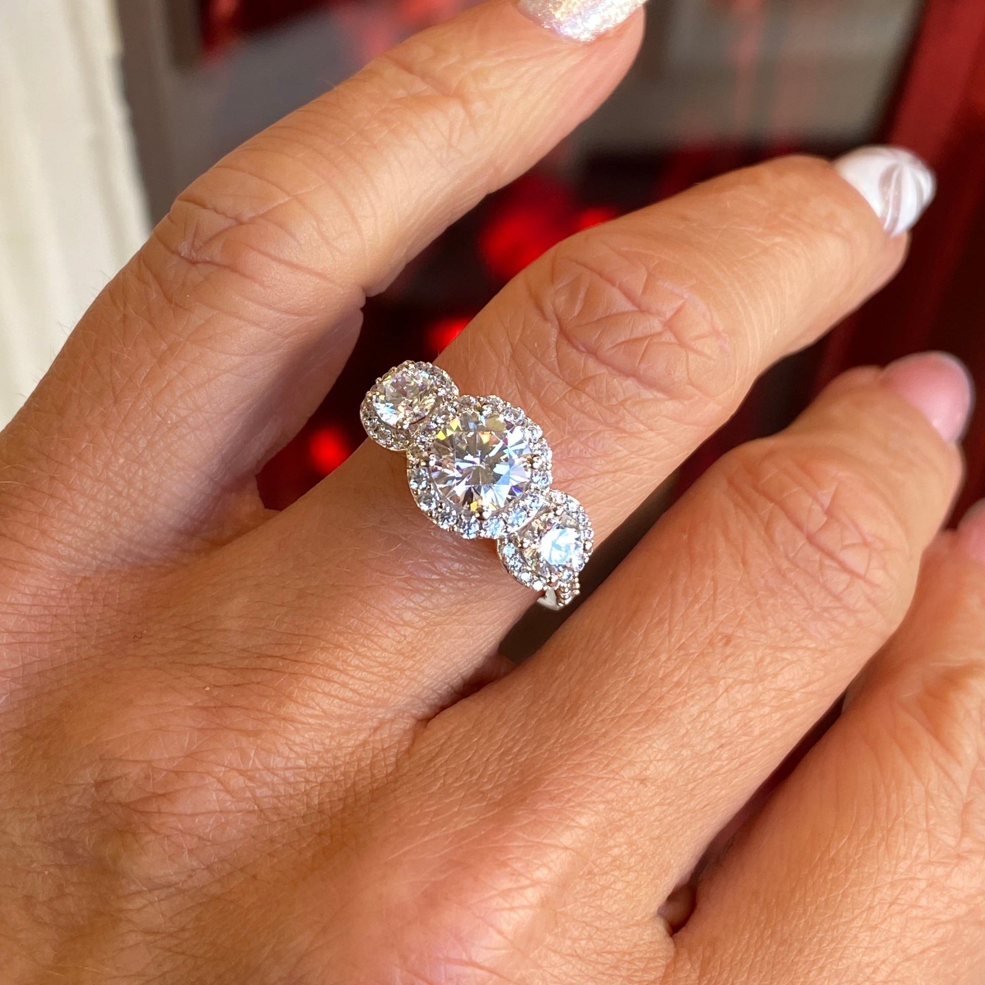 9ct White Gold CZ Trilogy Halo Ring with CZ Shoulders - John Ross Jewellers