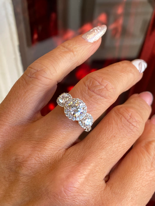 9ct White Gold CZ Trilogy Halo Ring with CZ Shoulders