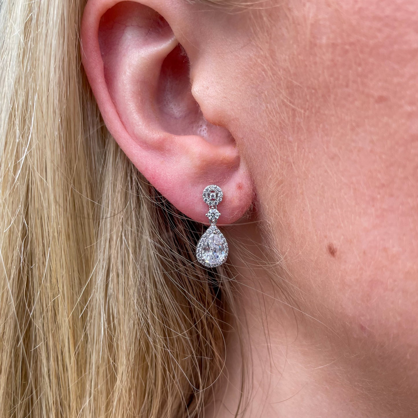 9ct White Gold Pear Halo CZ Drop Earrings - John Ross Jewellers