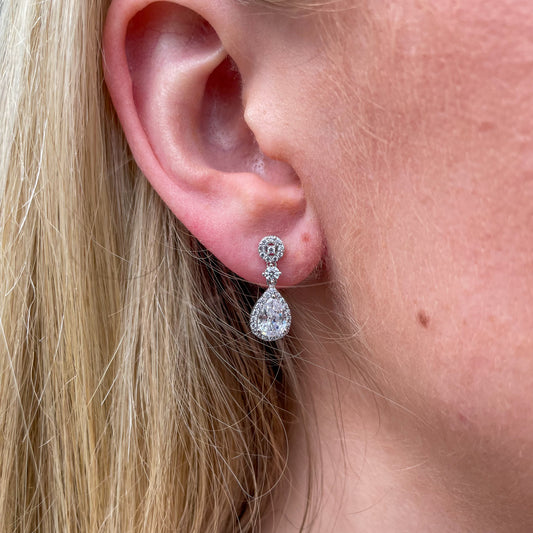 9ct White Gold Pear Halo CZ Drop Earrings - John Ross Jewellers