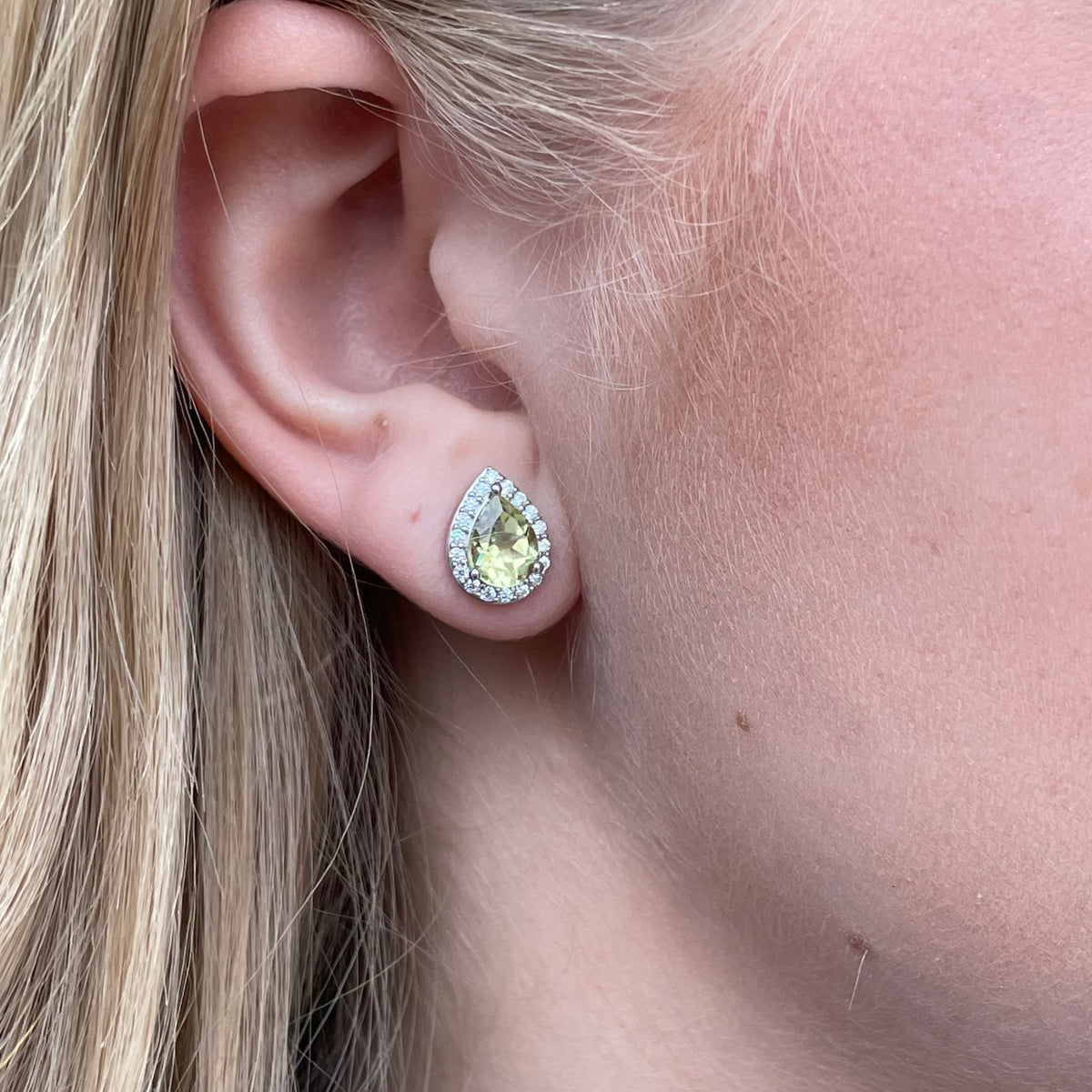 Silver Peridot & CZ Pear Halo Stud Earrings