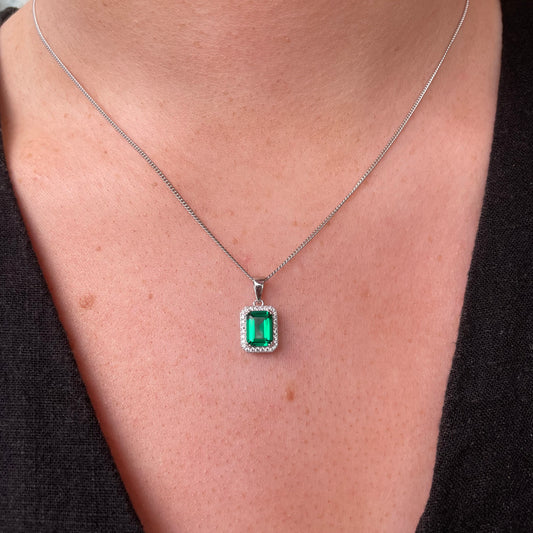 Silver Emerald Halo CZ Necklace | Emerald Green - John Ross Jewellers