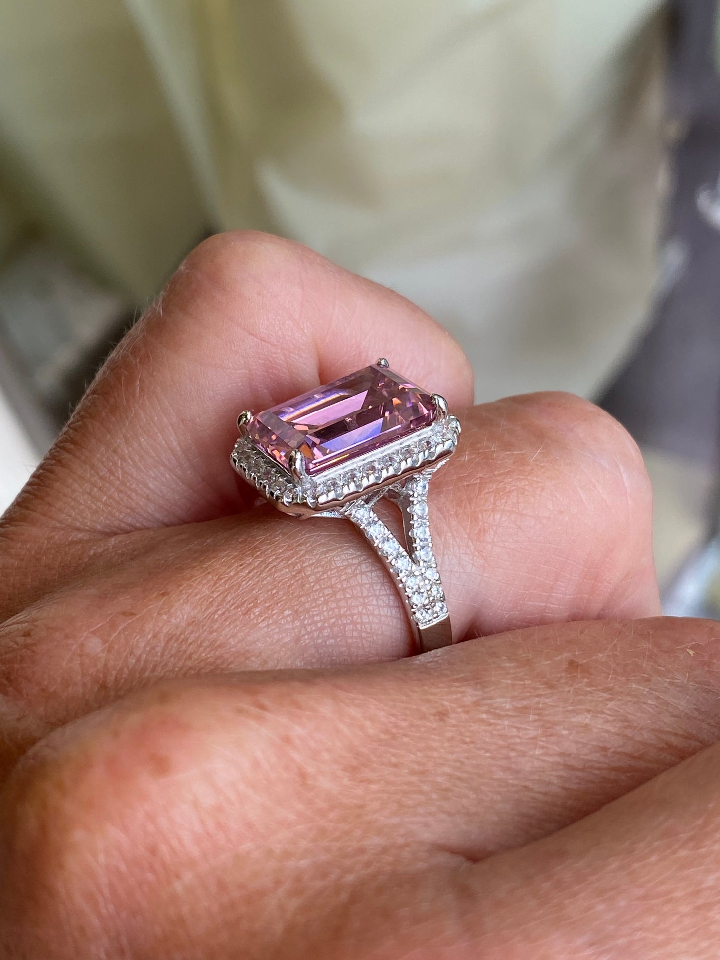 Silver Statement Emerald Cut Solitaire Ring | Baby Pink