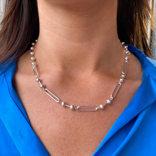 Silver Chunky Paper Link Necklace | Bead - John Ross Jewellers