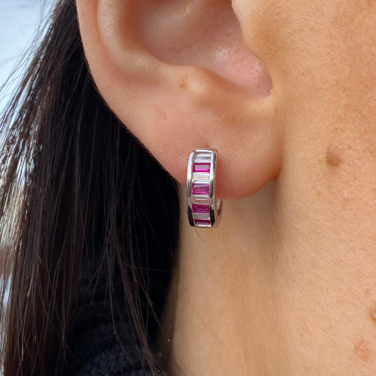 Silver Baguette CZ Hoop Earrings | Ruby Red
