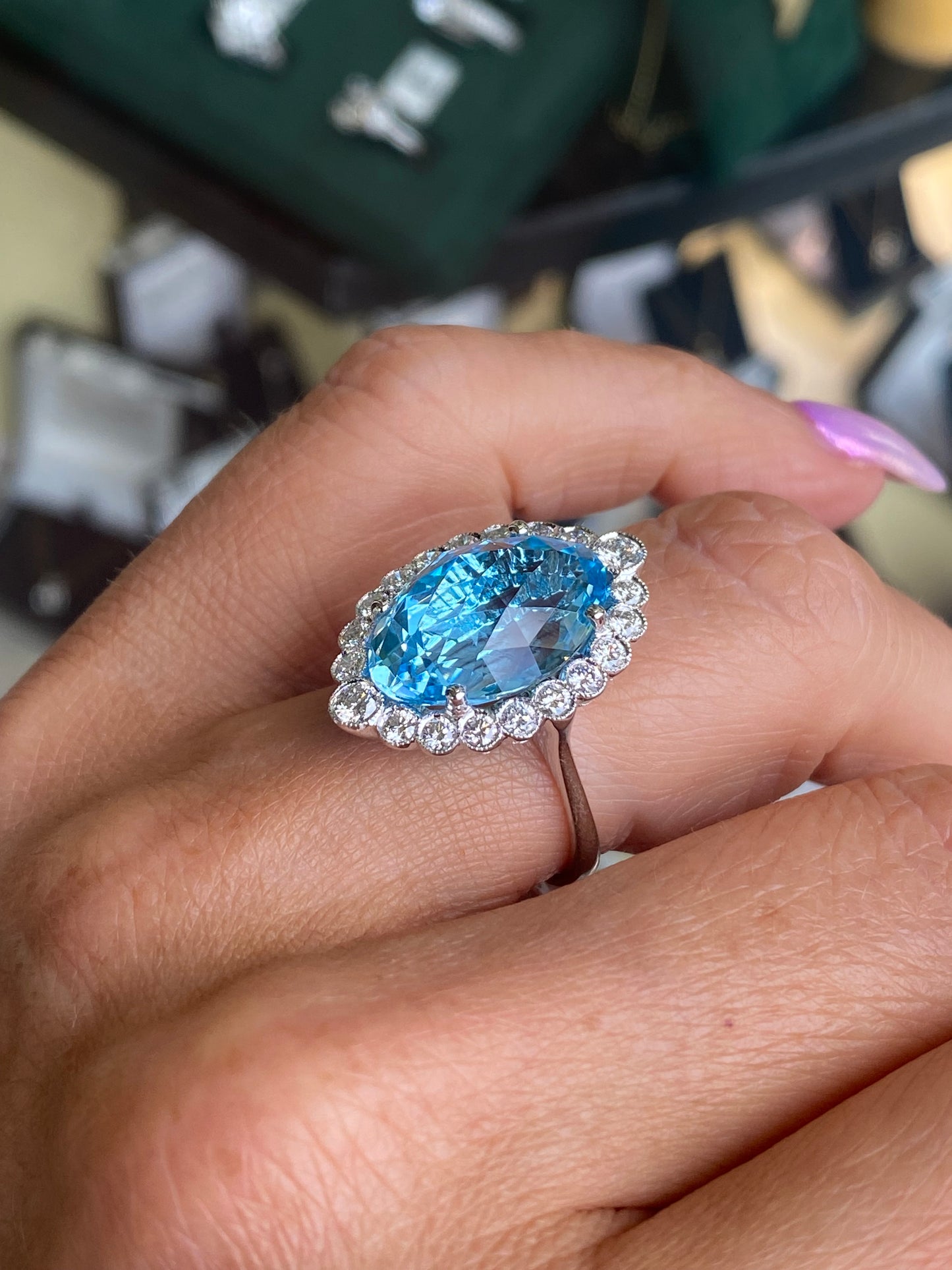 18ct White Gold Blue Topaz & Diamond Statement Ring