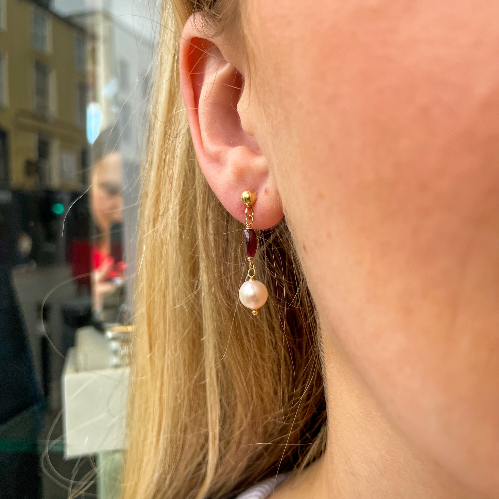 18ct Gold Silky Garnet & Pearl Drop Earrings - John Ross Jewellers