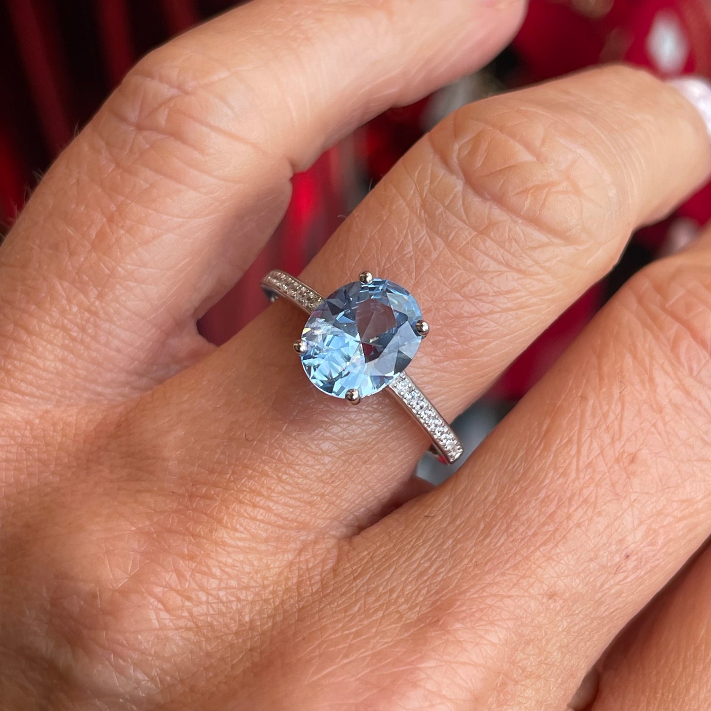 Silver Oval Solitaire Ring with Shoulders | Aqua Blue