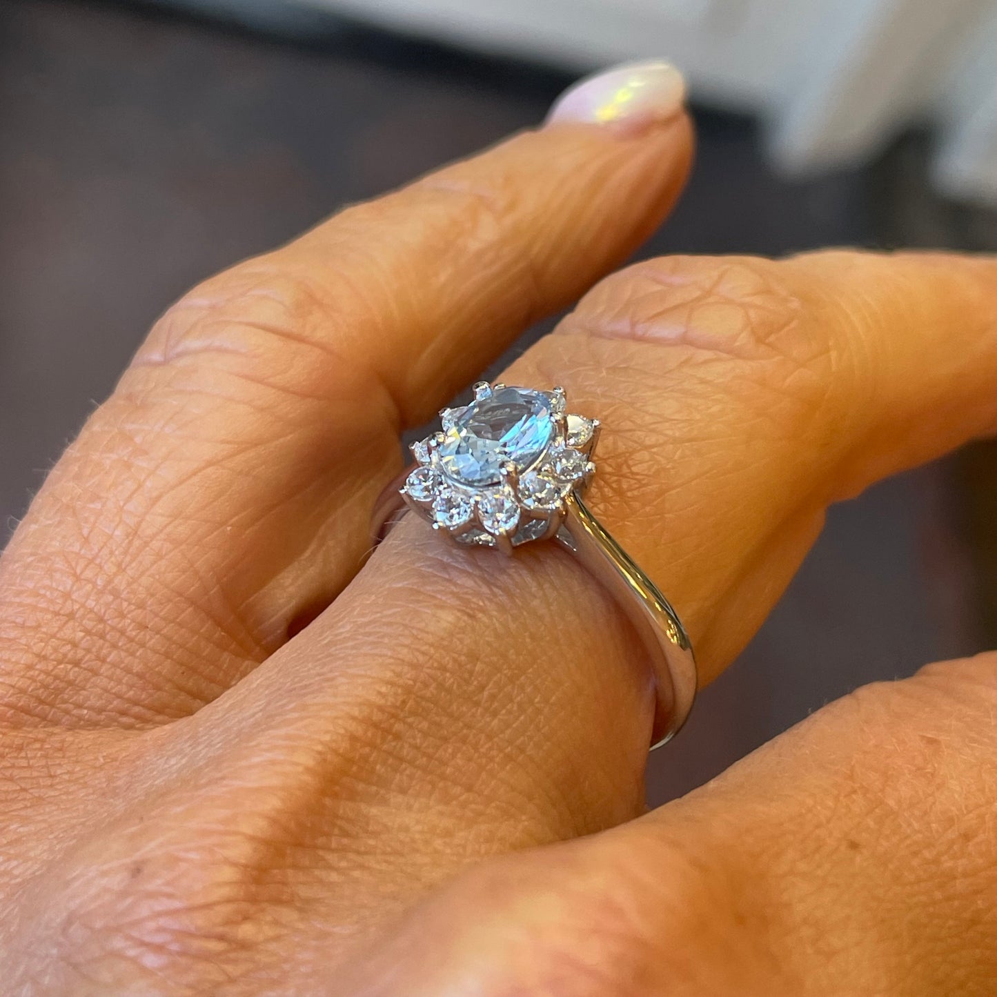 Silver Aqua CZ Oval Cluster ring