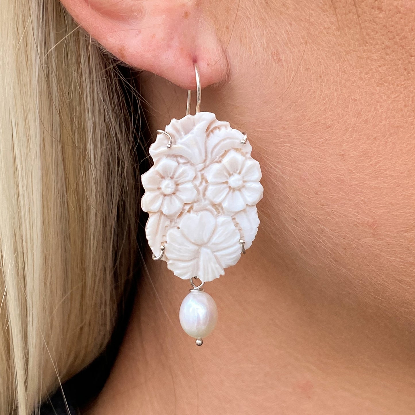 Floral Cameo & Pearl Drop Earrings - Medium - John Ross Jewellers