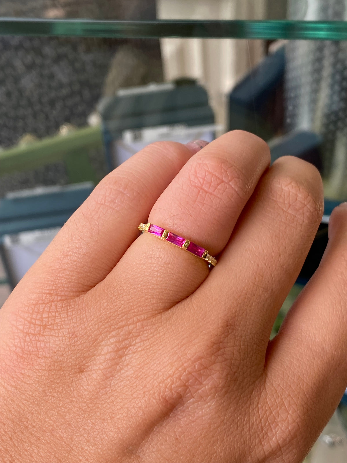 Sunshine Dainty Baguette Ring | Ruby Red