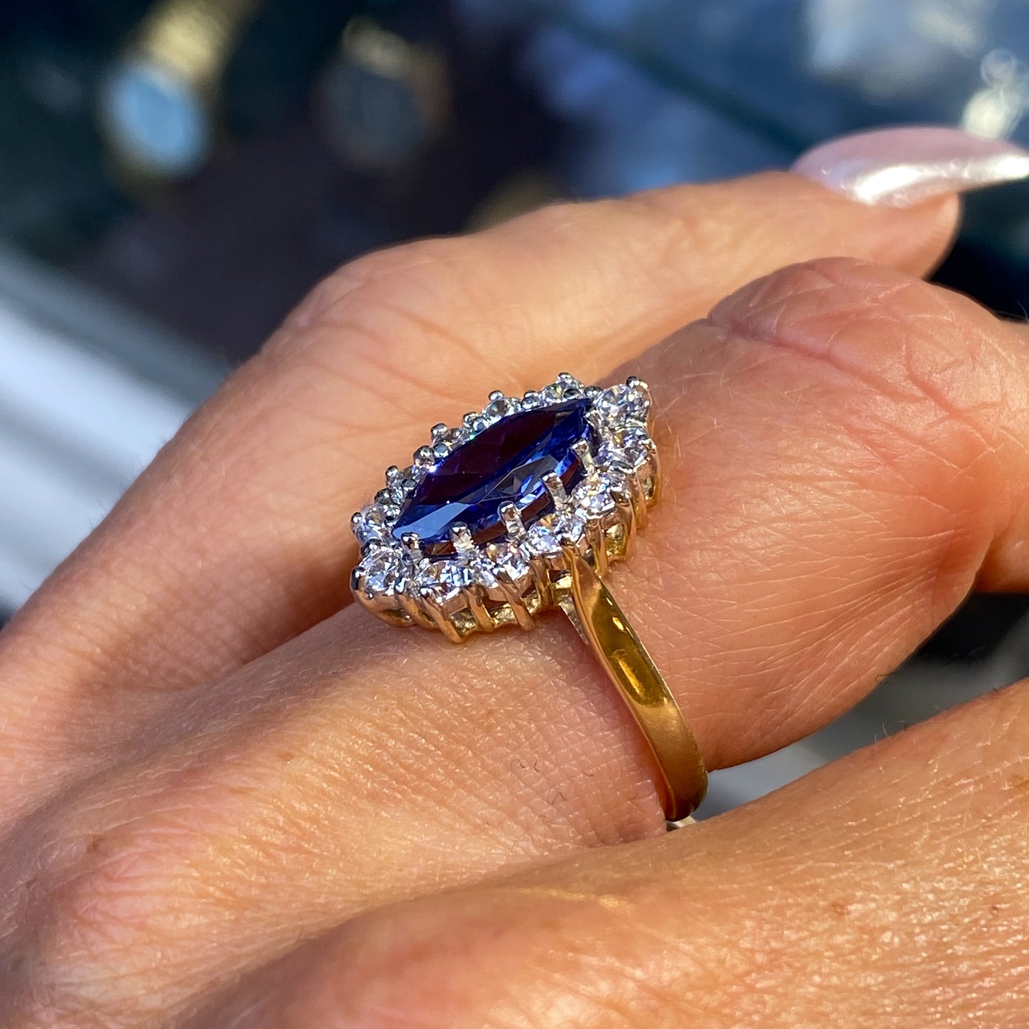 9ct Gold Created Tanzanite & CZ Marquise Cluster Ring - John Ross Jewellers