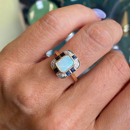 9ct Gold Gem Opal, Sapphire & Diamond Ring