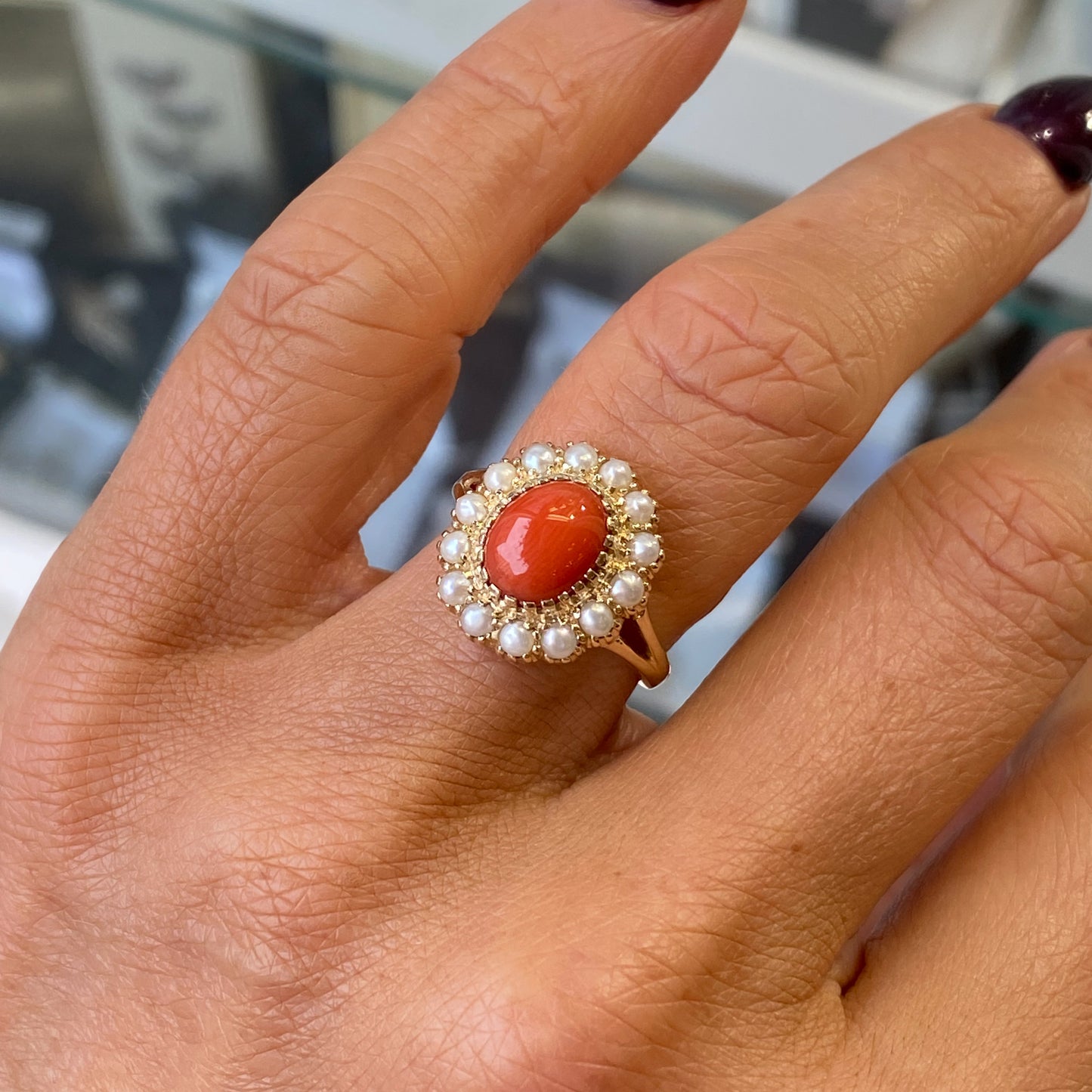 9ct Gold Coral & Pearl Oval Cluster Ring