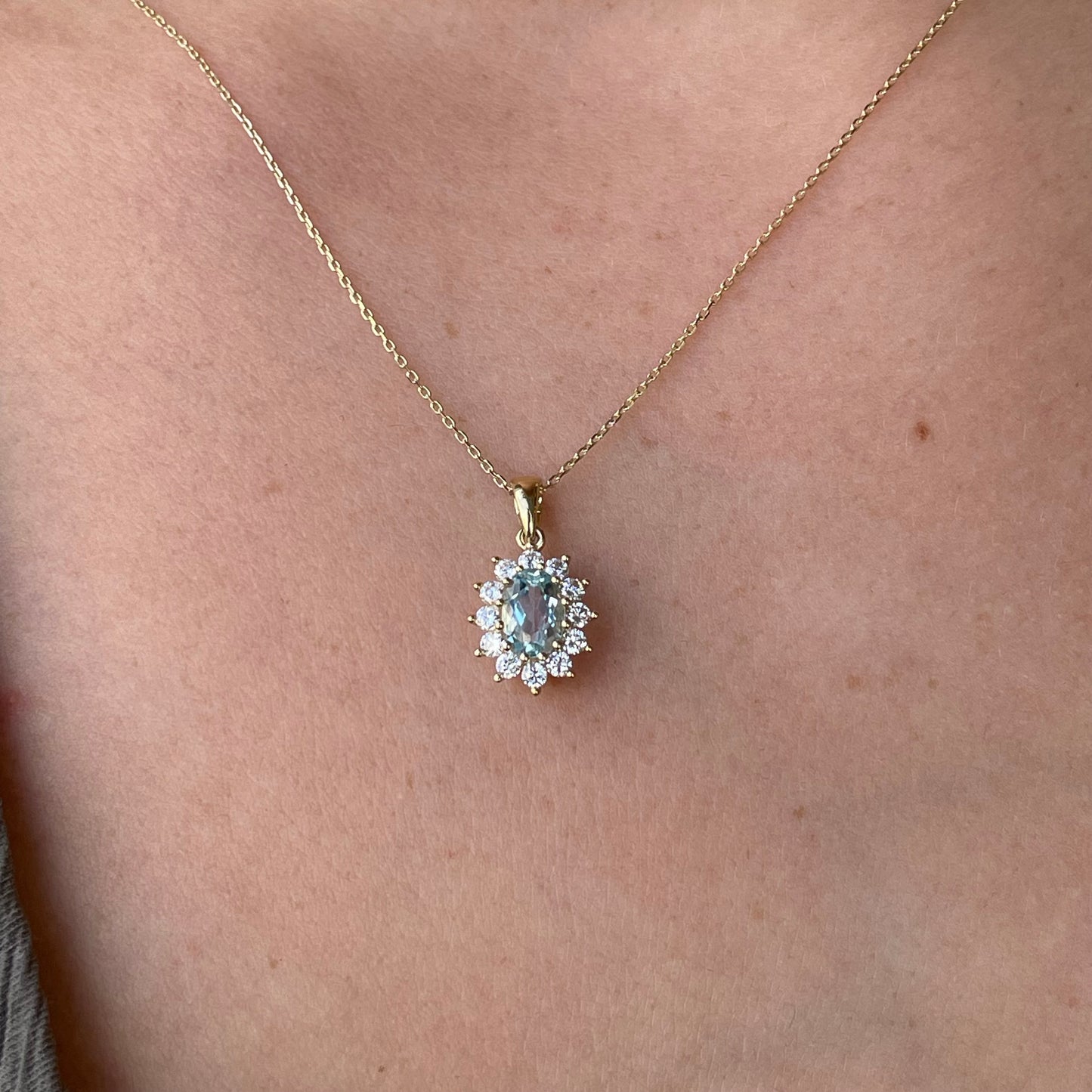 9ct Gold Sky Blue Topaz & CZ Pendant Necklace