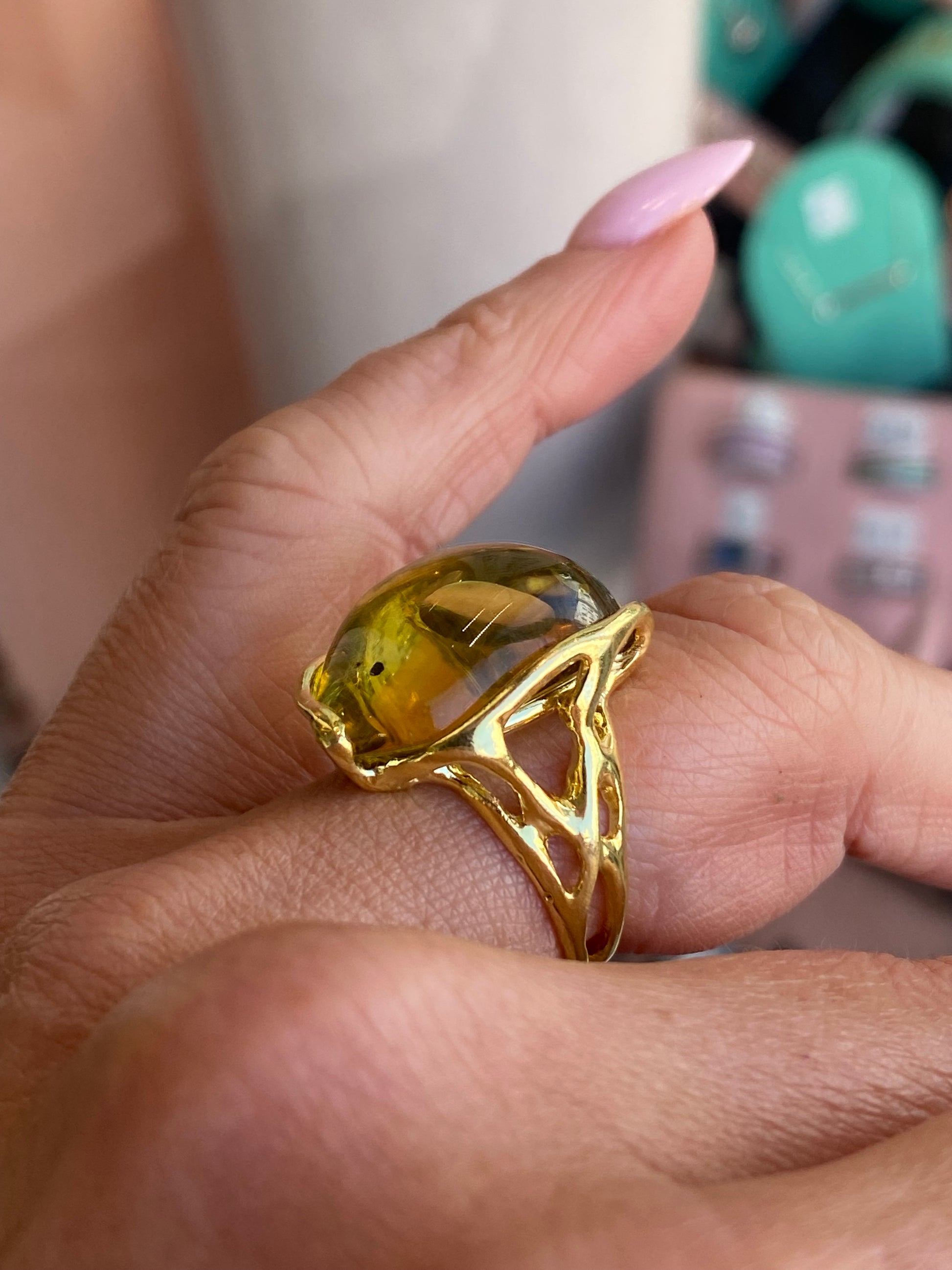 Bruno Lime Amber Nugget Ring showing a gold-tone ring with textured amber-colored nugget design and adjustable band.