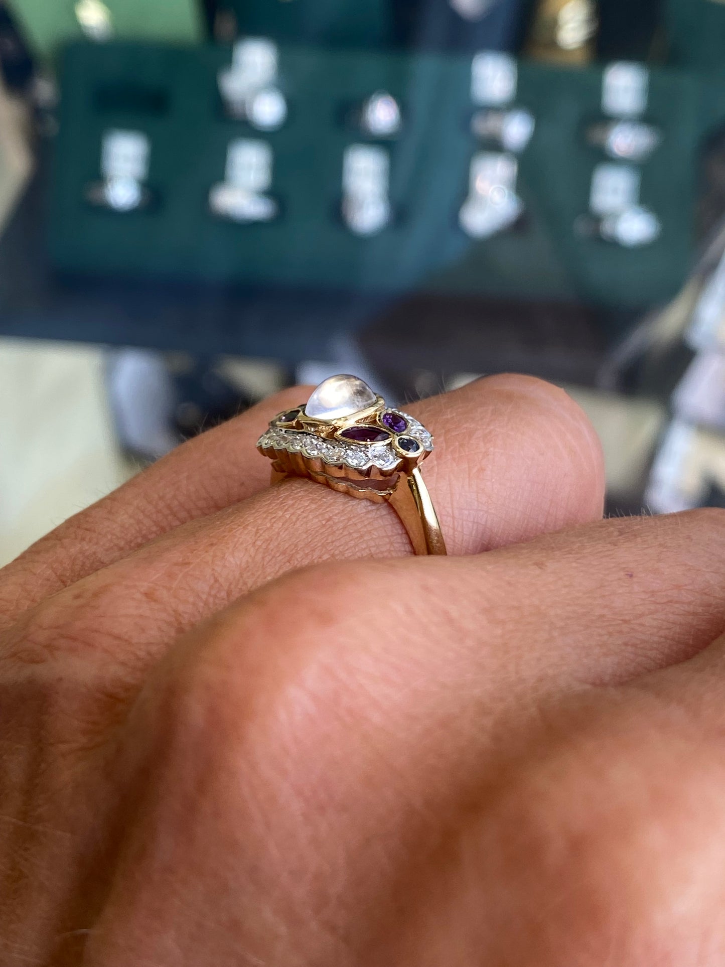 9ct Gold Rainbow Blue Moonstone, Amethyst, Sapphire & Diamond Ring