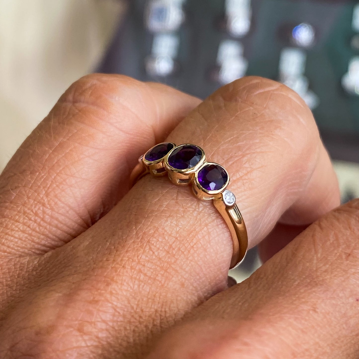 9ct Gold Amethyst & Diamond Trilogy Ring