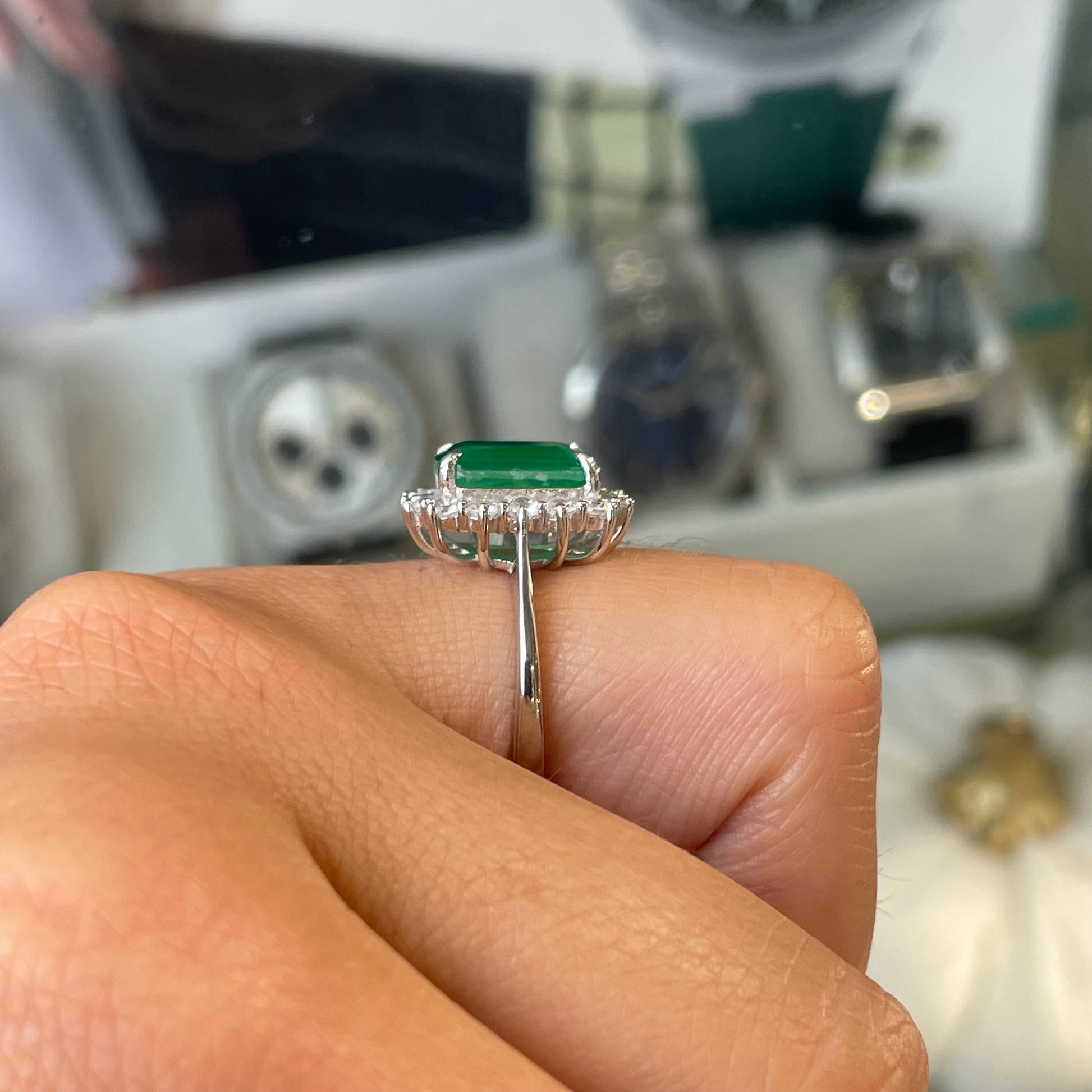 Silver Green CZ Emerald Cut Cluster Ring - John Ross Jewellers