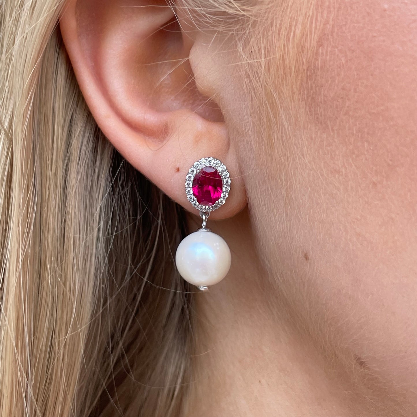 Silver Ruby Red CZ & 10mm Freshwater Pearl Drop Earrings - John Ross Jewellers