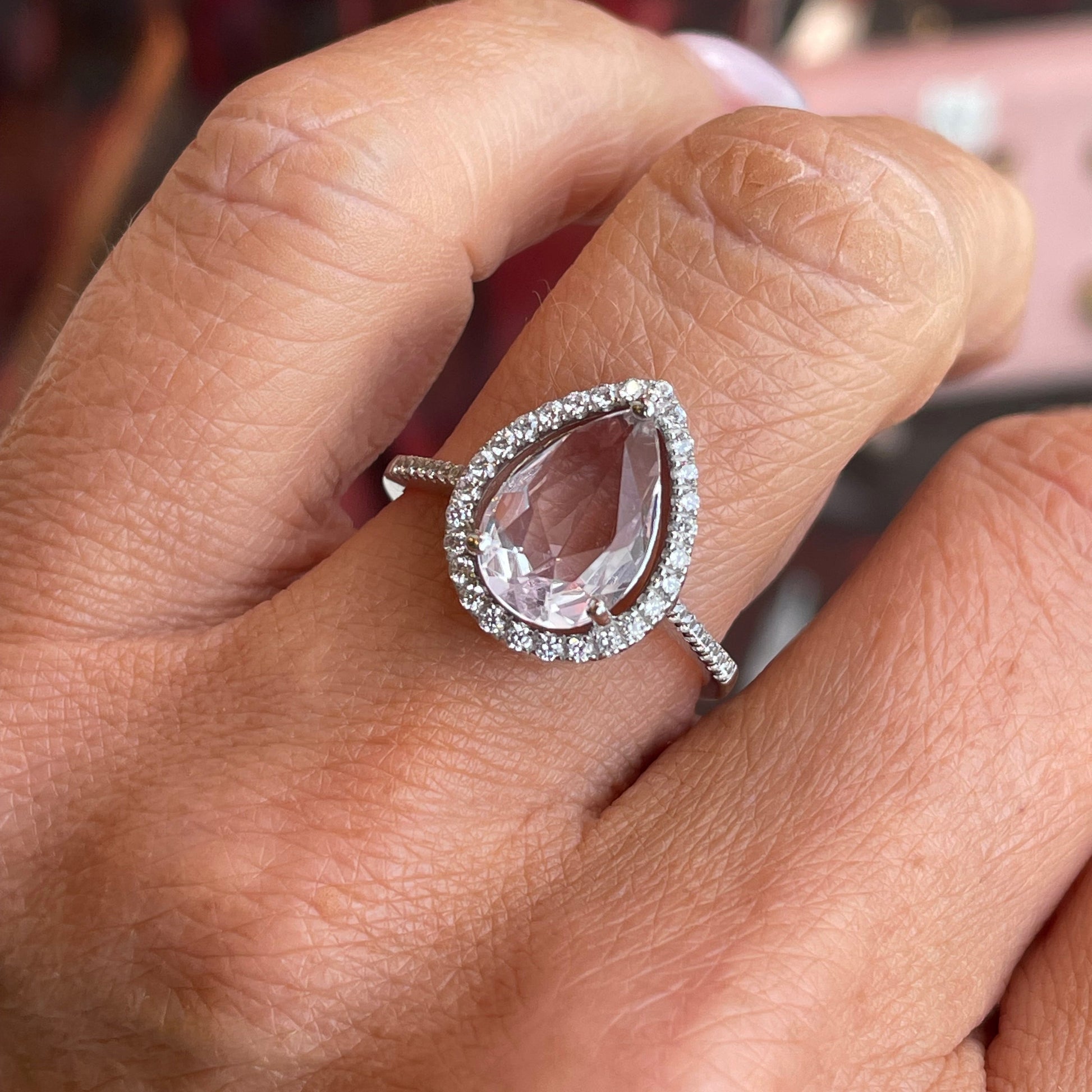 Silver Pear Halo Cluster Ring | Soft Pink - John Ross Jewellers