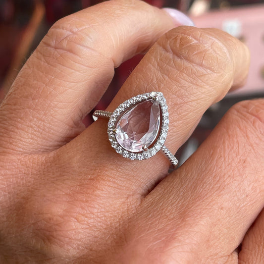 Silver Pear Halo Cluster Ring | Soft Pink - John Ross Jewellers