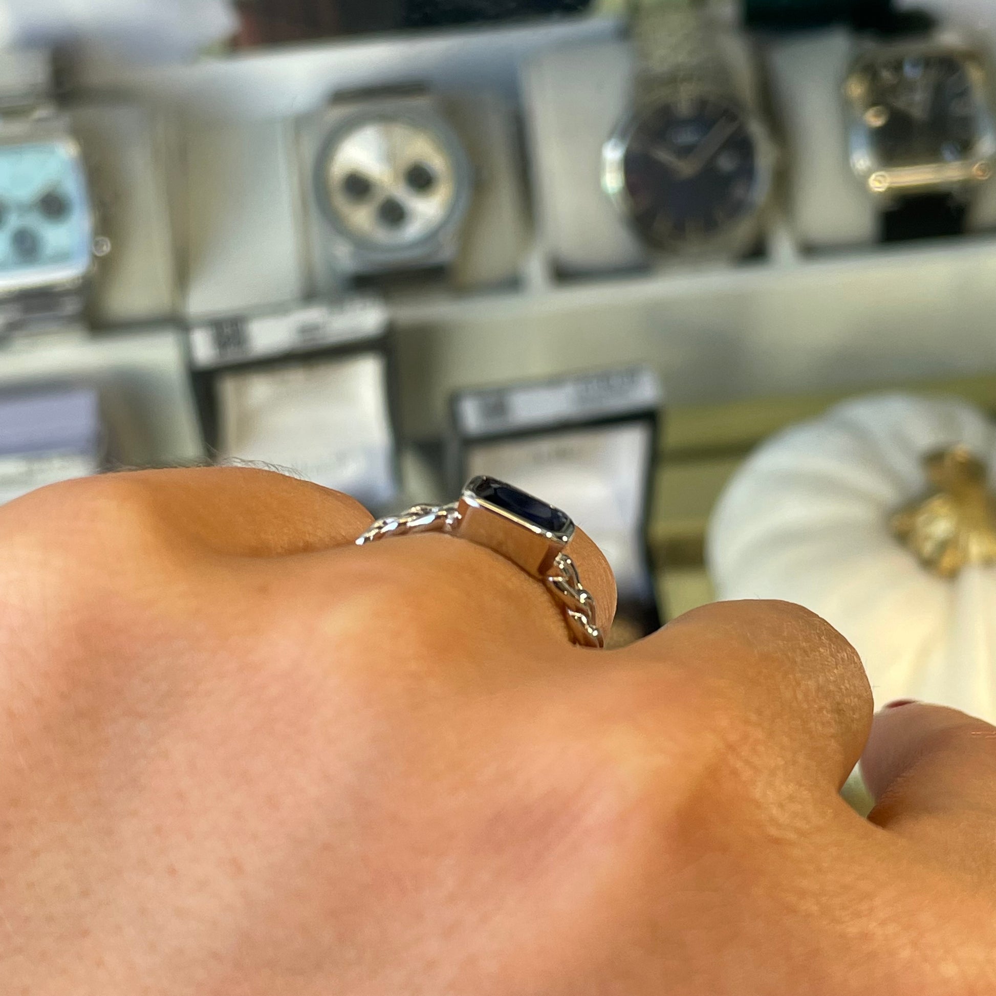 Silver Sapphire Blue CZ Chain Ring - John Ross Jewellers