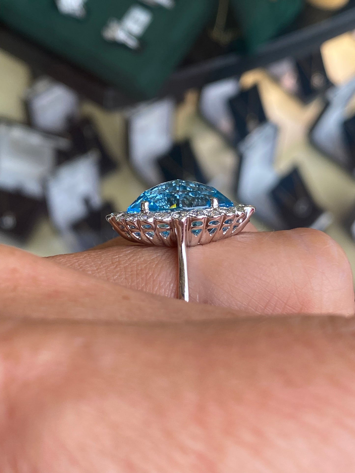 18ct White Gold Blue Topaz & Diamond Statement Ring