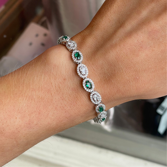 Silver Oval Halos CZ Line Bracelet | Emerald Green - John Ross Jewellers