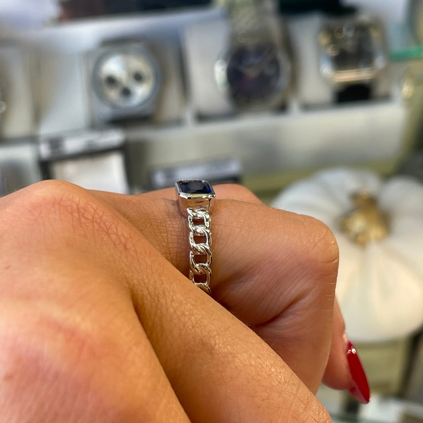 Silver Sapphire Blue CZ Chain Ring - John Ross Jewellers