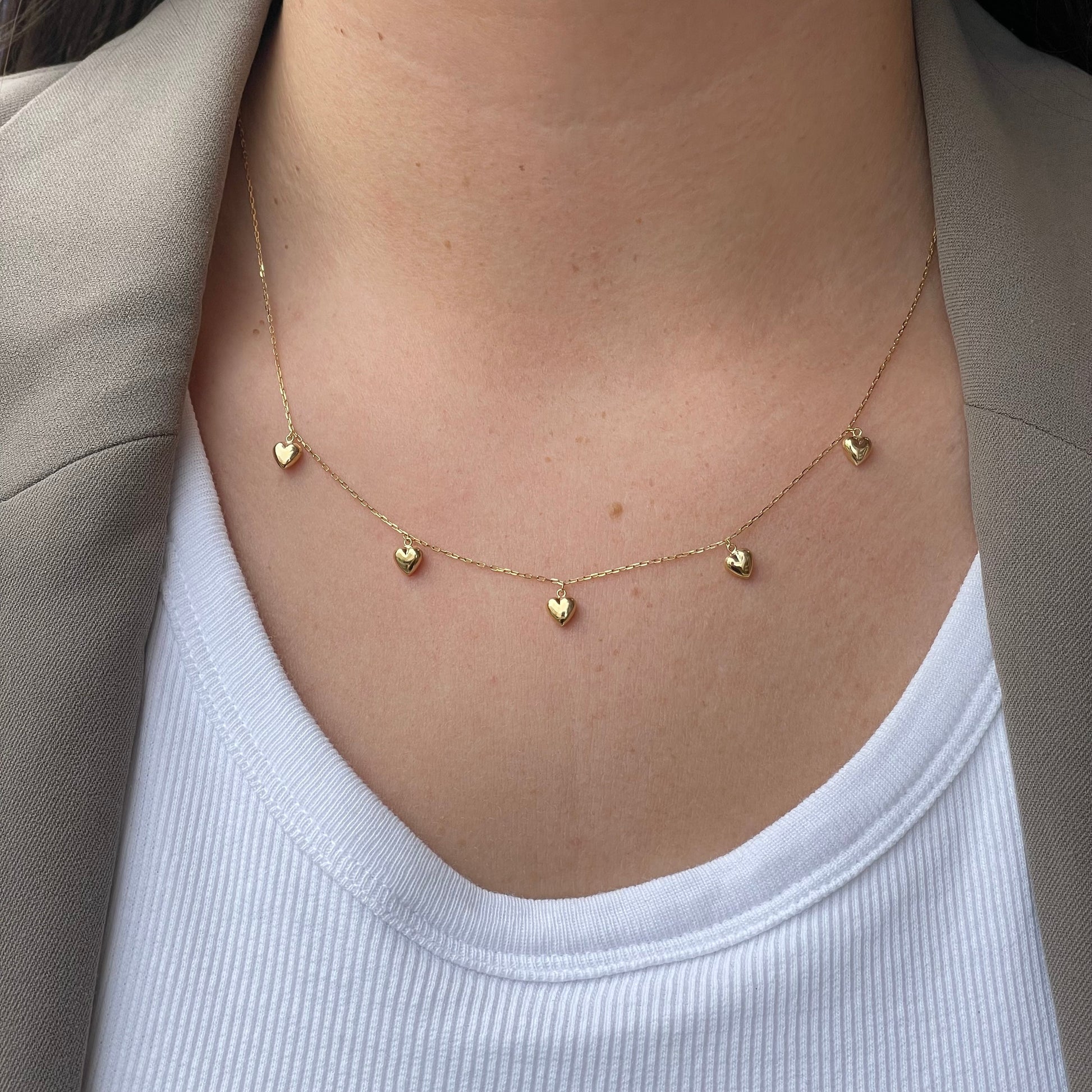 9ct Gold Puffed Five Hearts Fringe Necklace - John Ross Jewellers