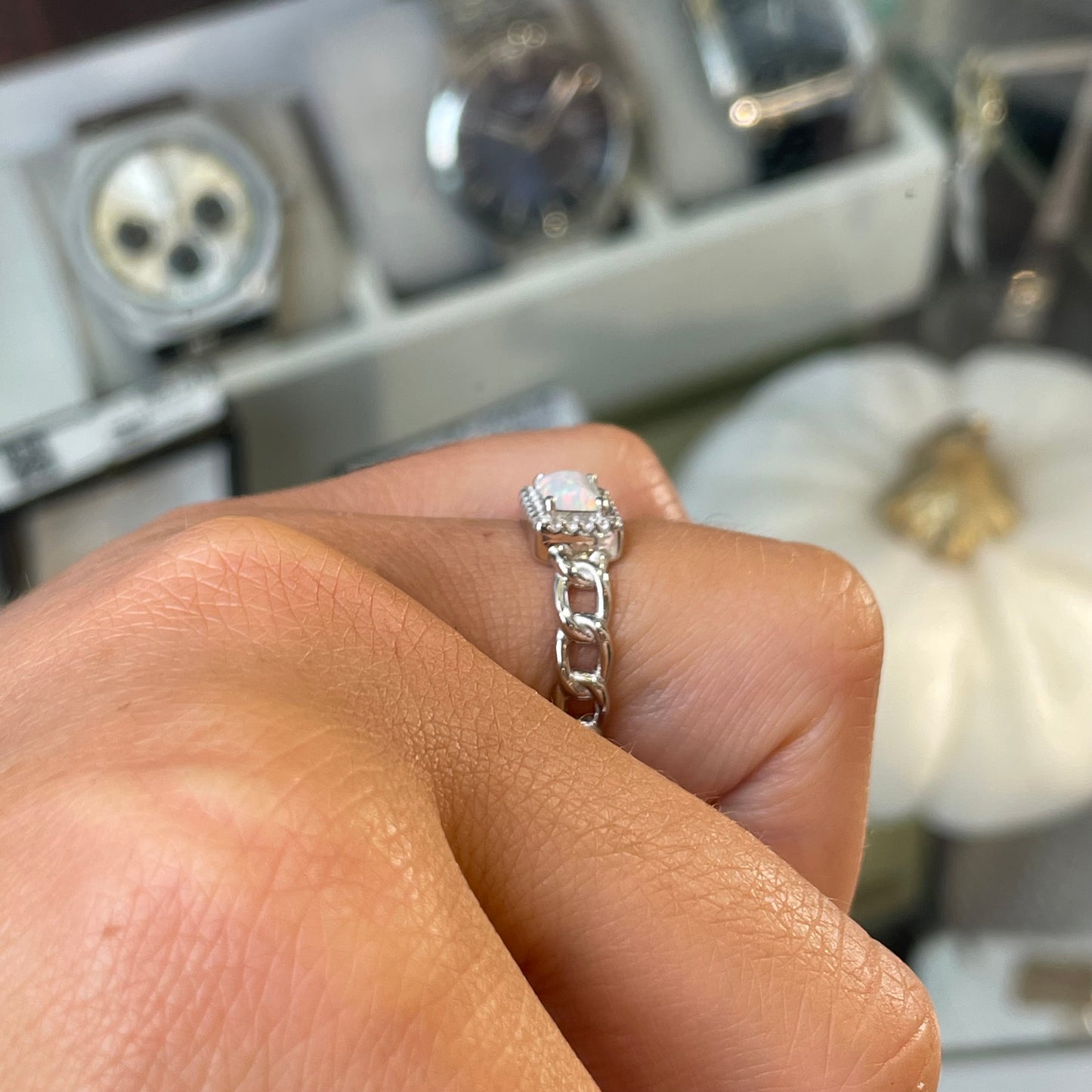 Silver Opal & CZ Chain Ring - John Ross Jewellers