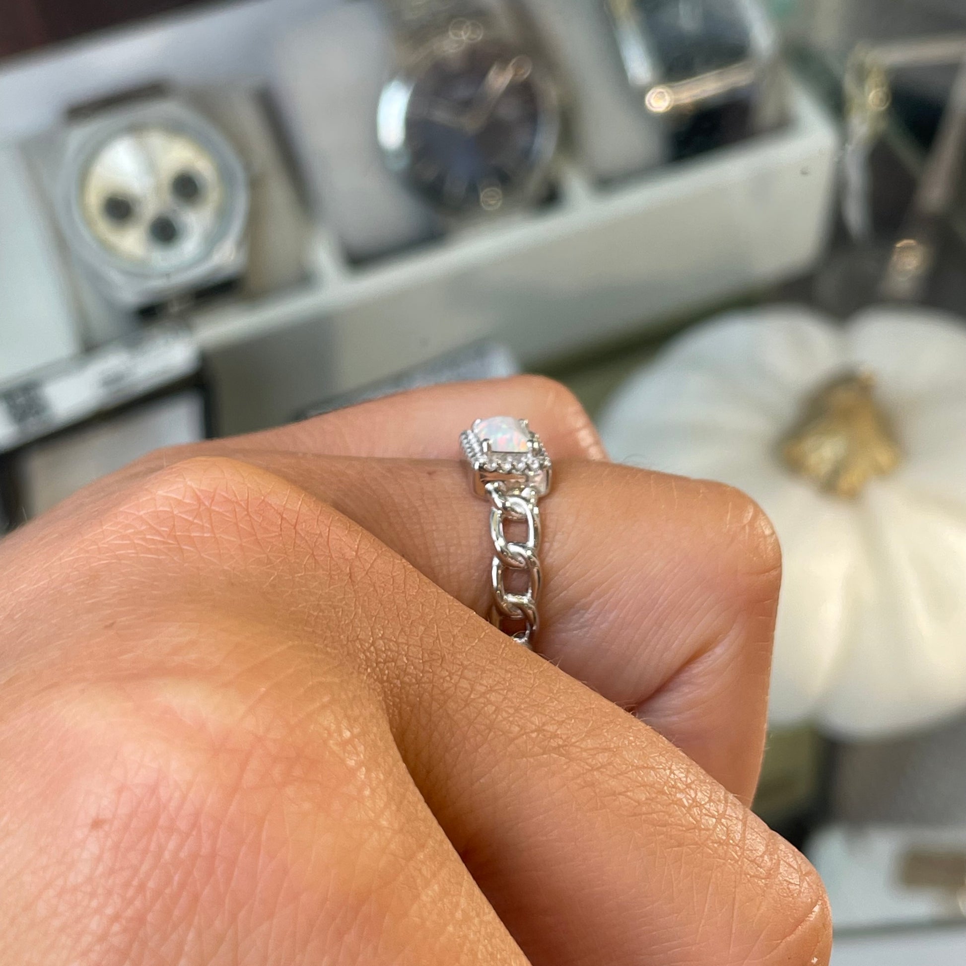 Silver Opal & CZ Chain Ring - John Ross Jewellers