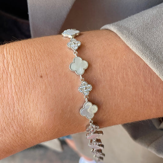 Silver CZ Tennis Bracelet | Mother of Pearl Quatrefoil