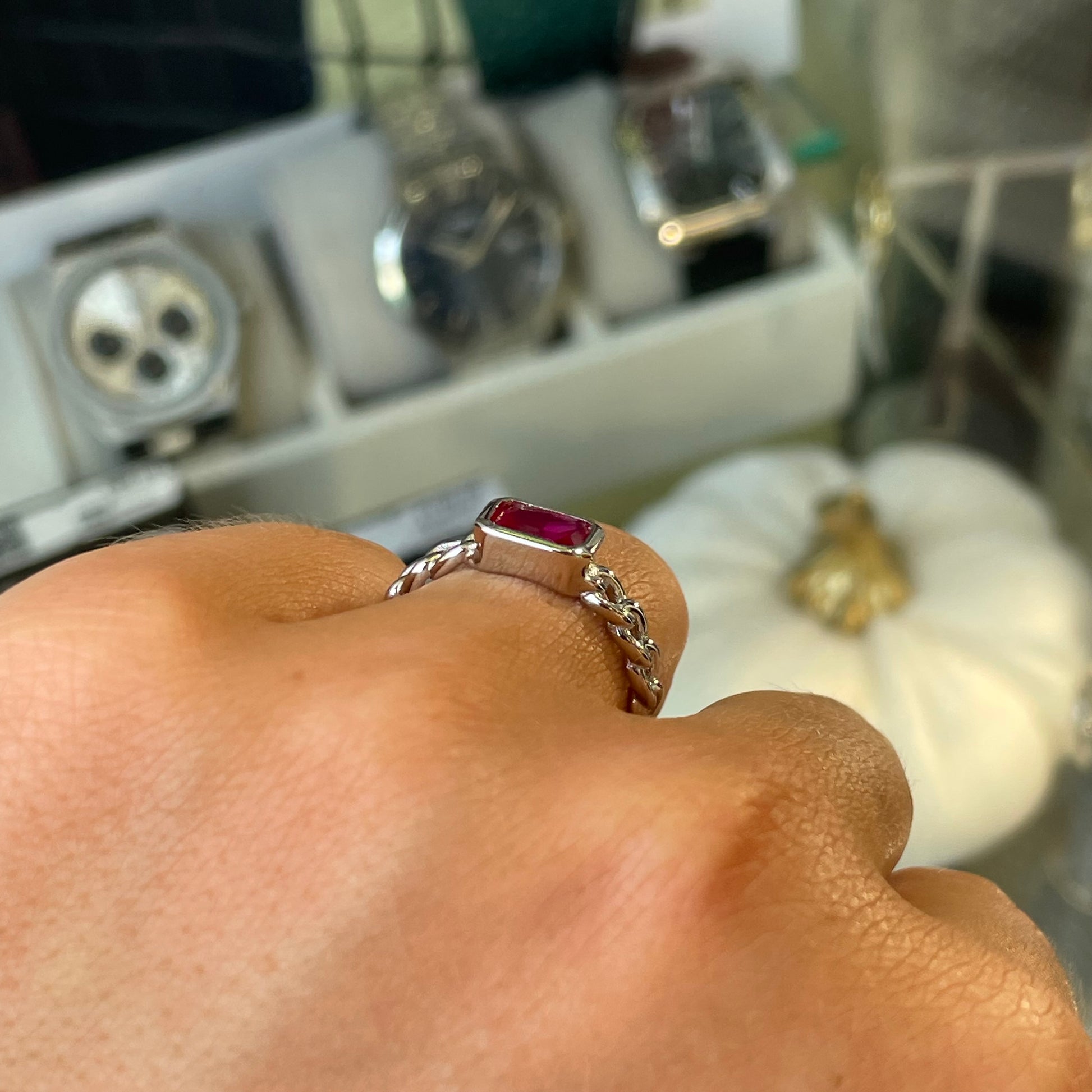 Silver Ruby Red CZ Chain Ring - John Ross Jewellers