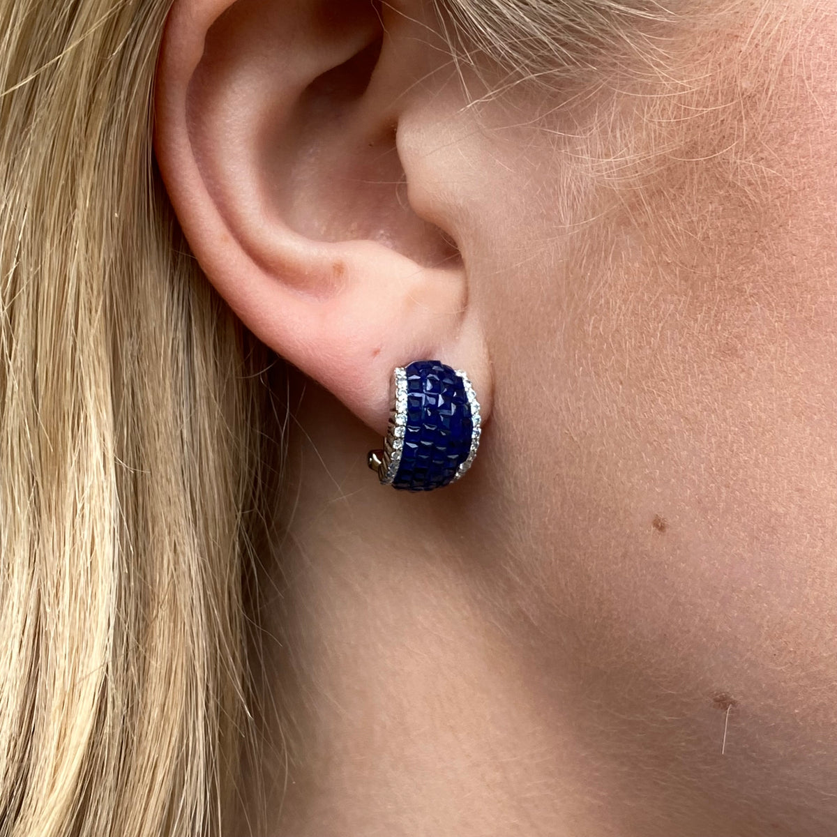 Silver Sapphire Blue Clip J. Hoop Earrings