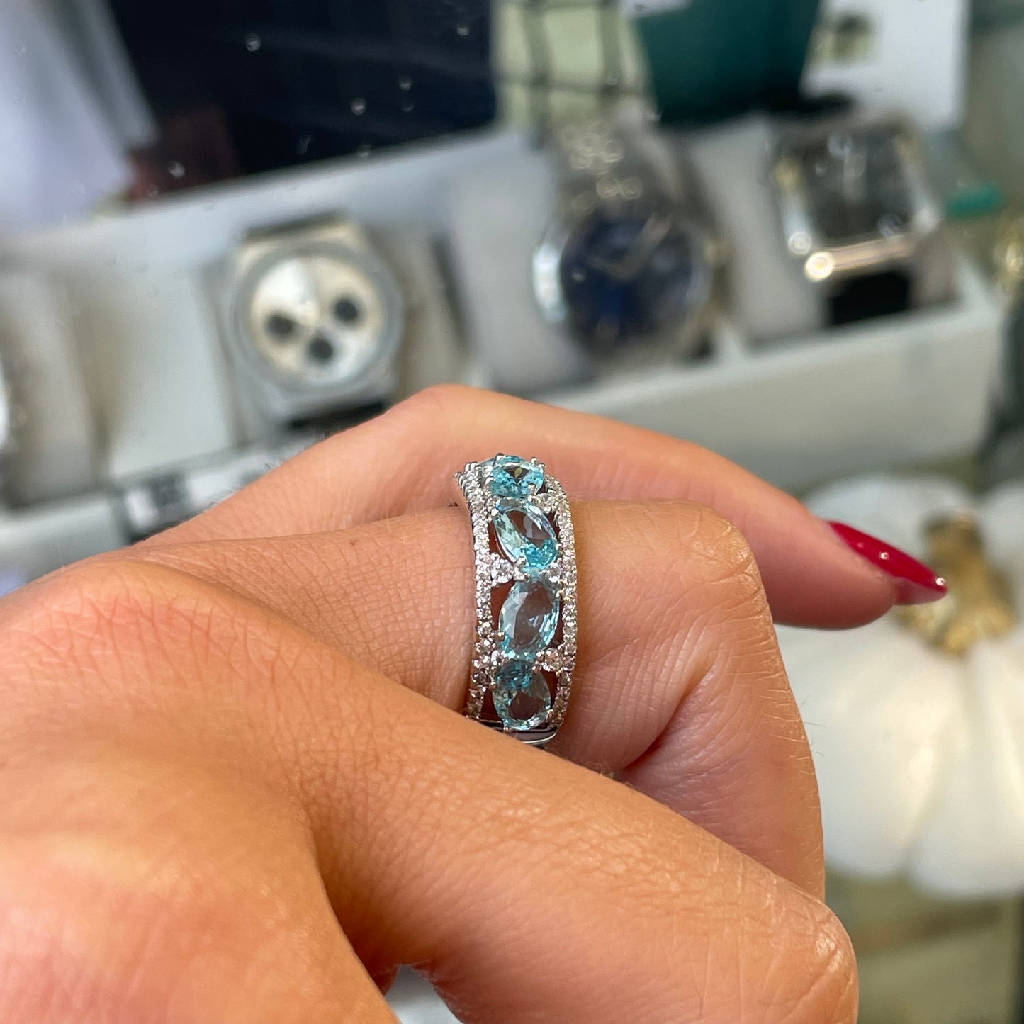 Silver Aqua CZ Band Ring - John Ross Jewellers
