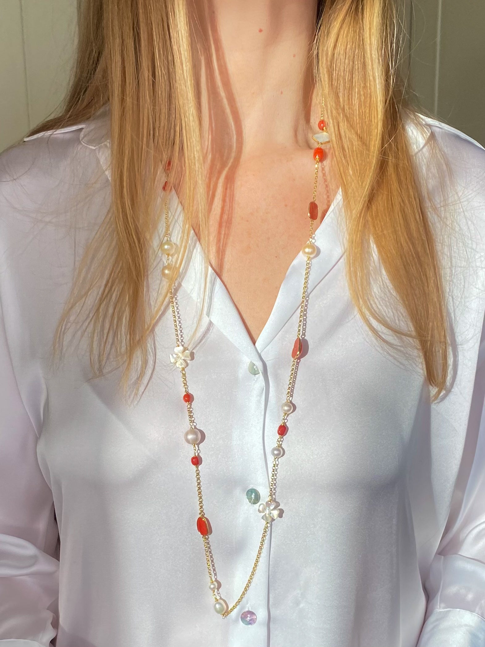 Natural Beauty - Mother of Pearl, Red Coral & Freshwater Pearl Necklace |100cm - John Ross Jewellers