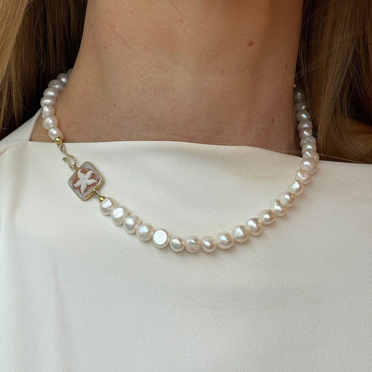 Bruno starfish cameo and freshwater pearl necklace with 8-9mm pearls, 45cm length, featuring a detailed starfish pendant.