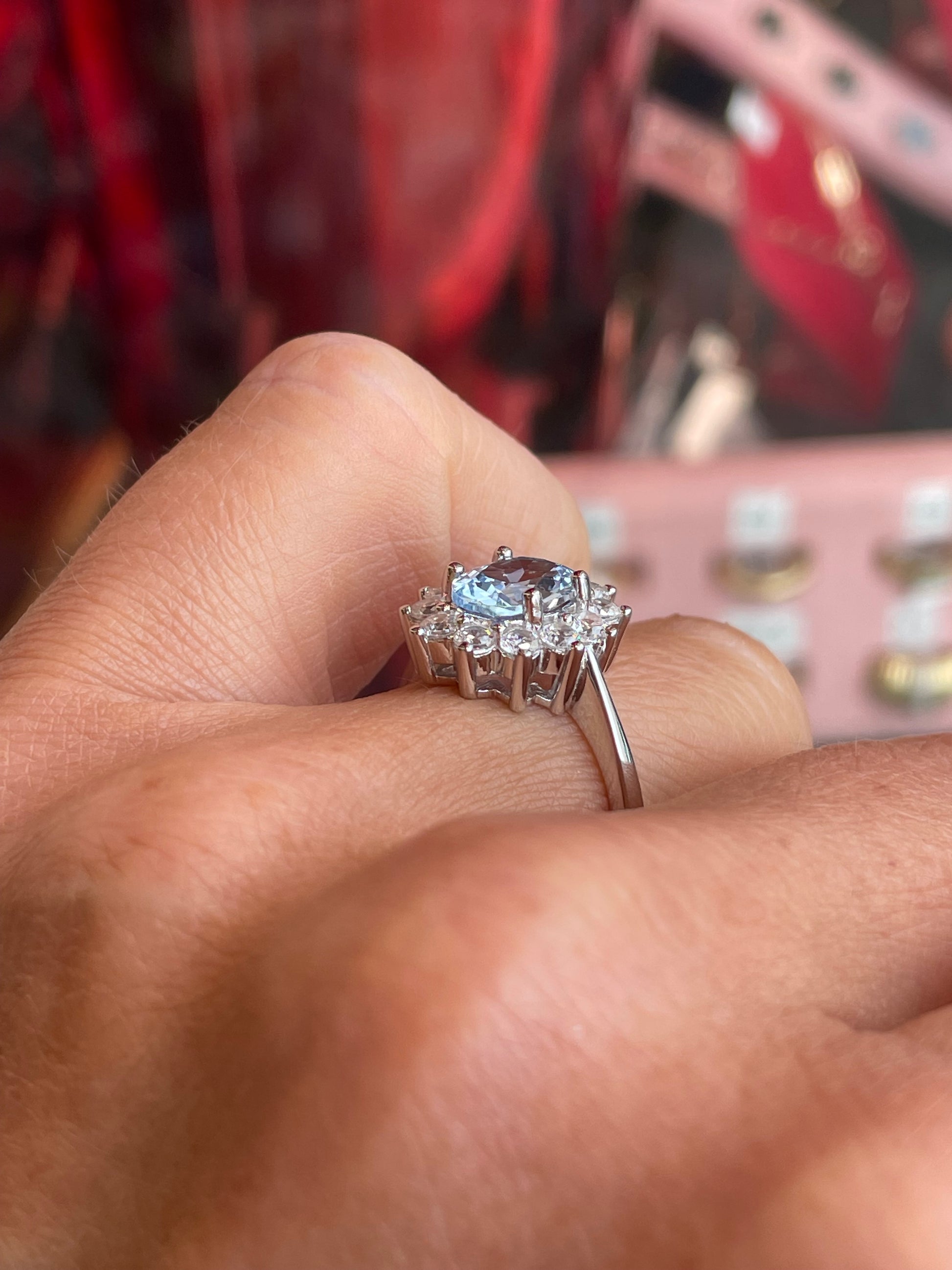 Silver Oval Diana Cluster Ring | Aqua Blue 7x9mm - John Ross Jewellers