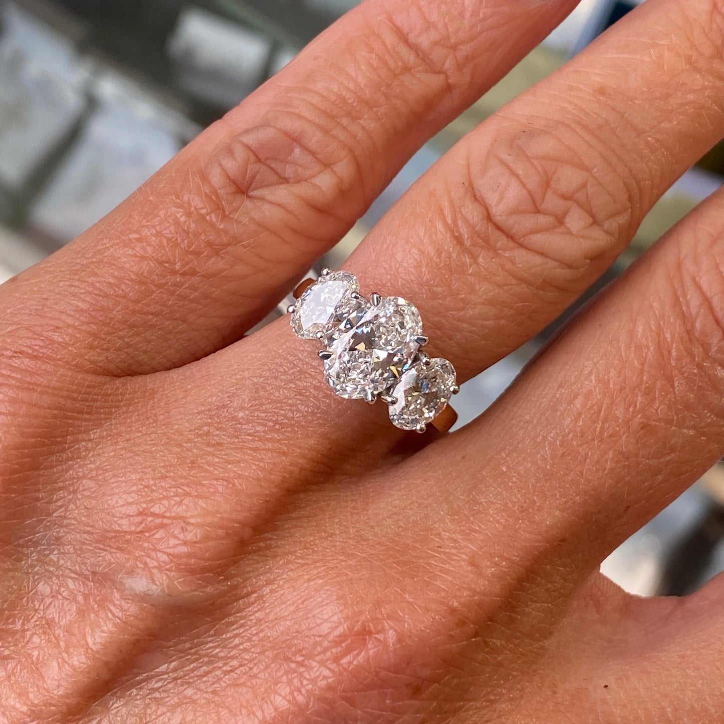 18ct Gold Oval Trilogy Engagement Ring | Lab Certificated 3.52ct - John Ross Jewellers