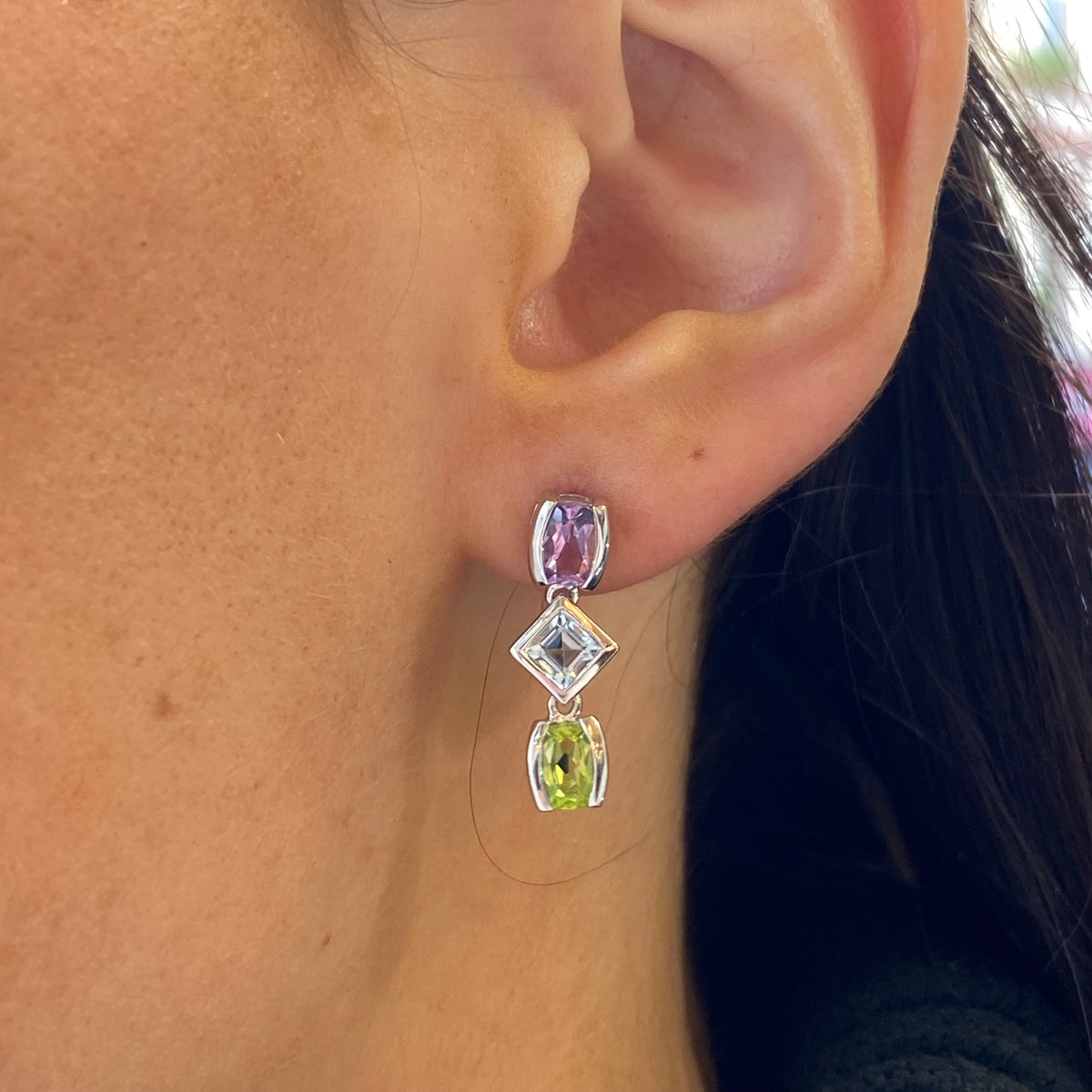 Silver  Mixed Cut Semi Precious Drop Earrings