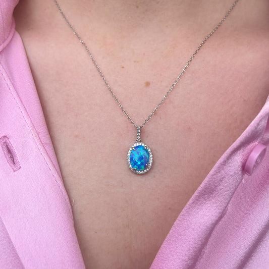 Silver Opalique & CZ Oval Necklace | Blue