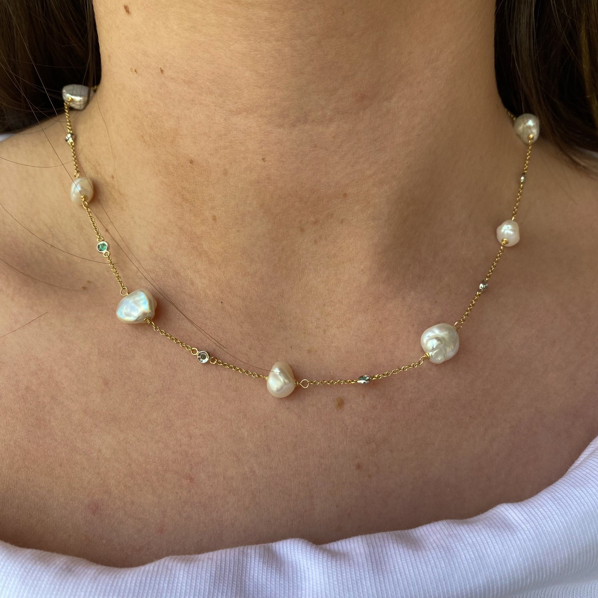 18ct Gold Meg Keshi Pearl & Emerald Necklace - John Ross Jewellers