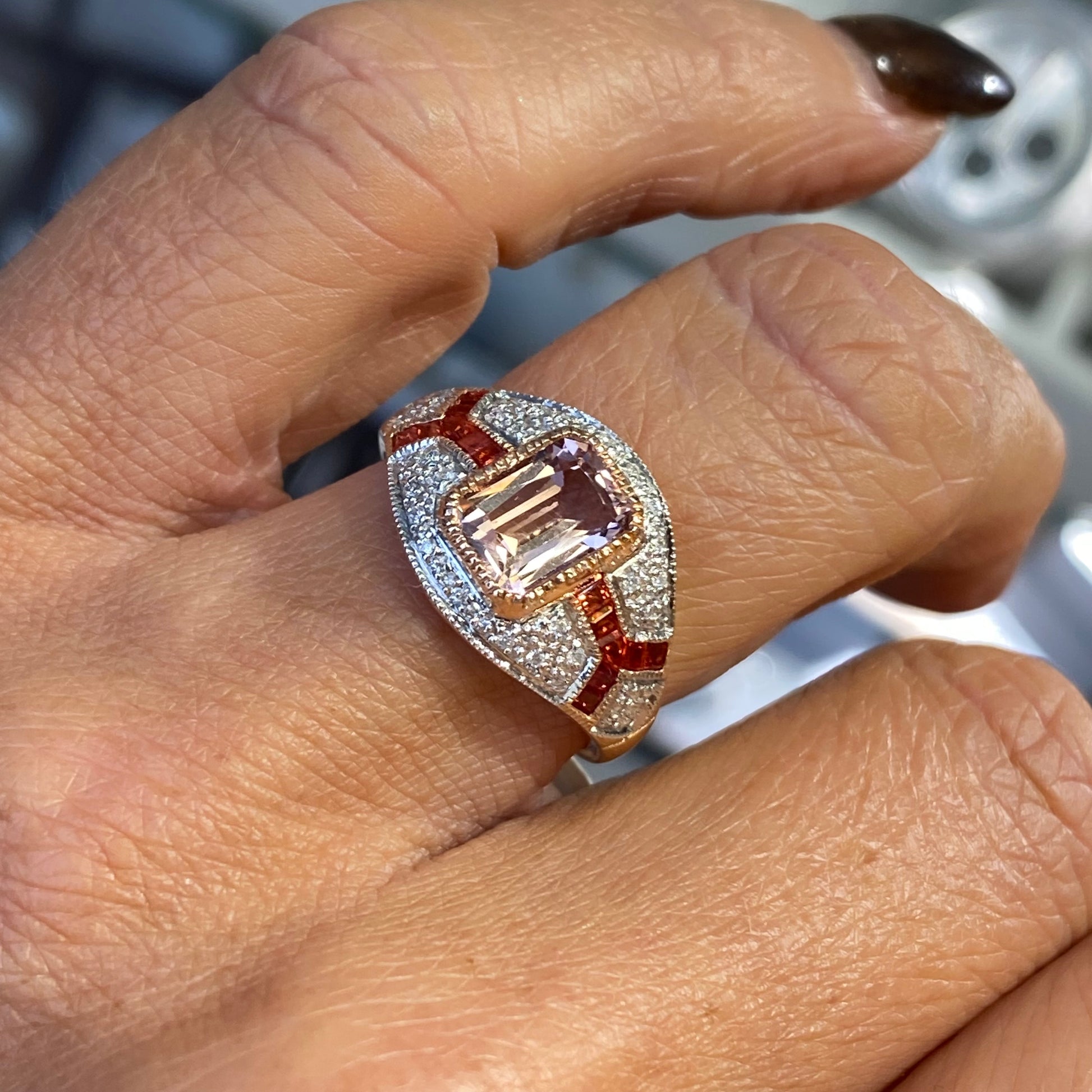 9ct Rose Gold Morganite, Orange Sapphire & Diamond Ring - John Ross Jewellers